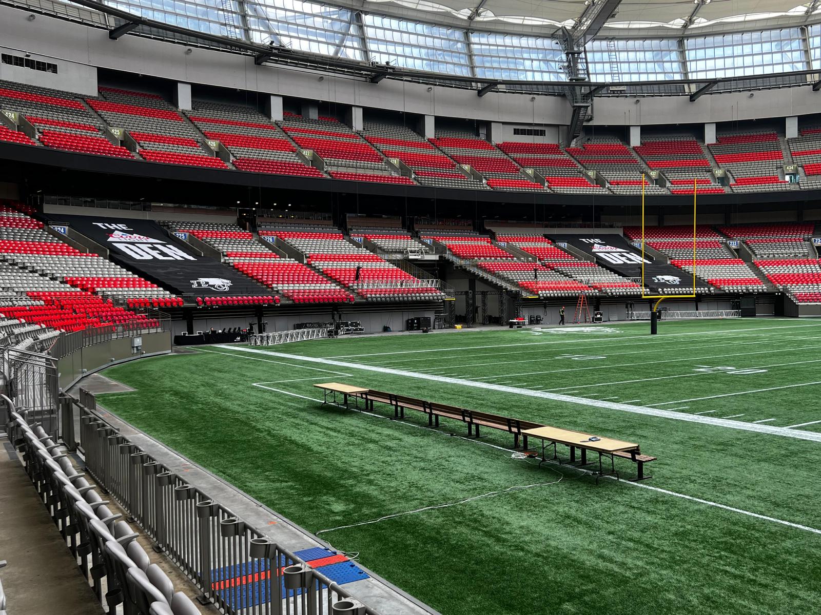 The Den fabric covering banners for the BC Lions home opener game!