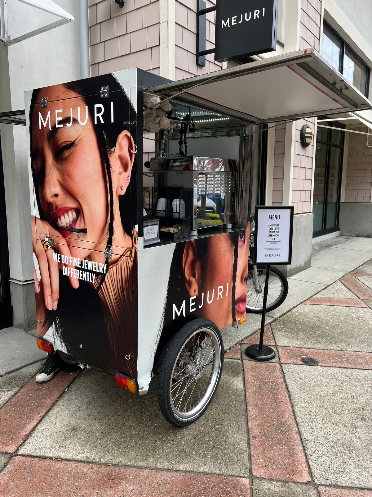 Coffee bike wrap for Mejuri store grand opening at Park Royal