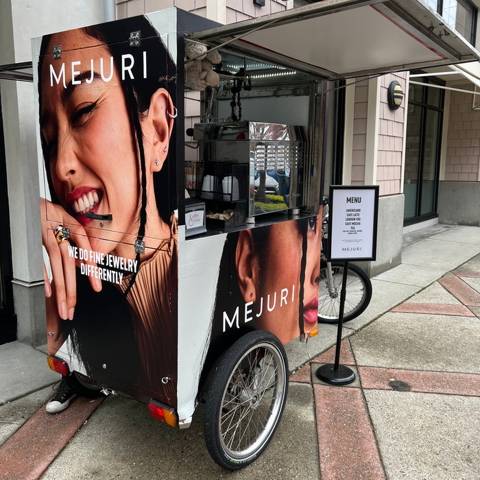 Coffee bike wrap for Mejuri store grand opening at Park Royal