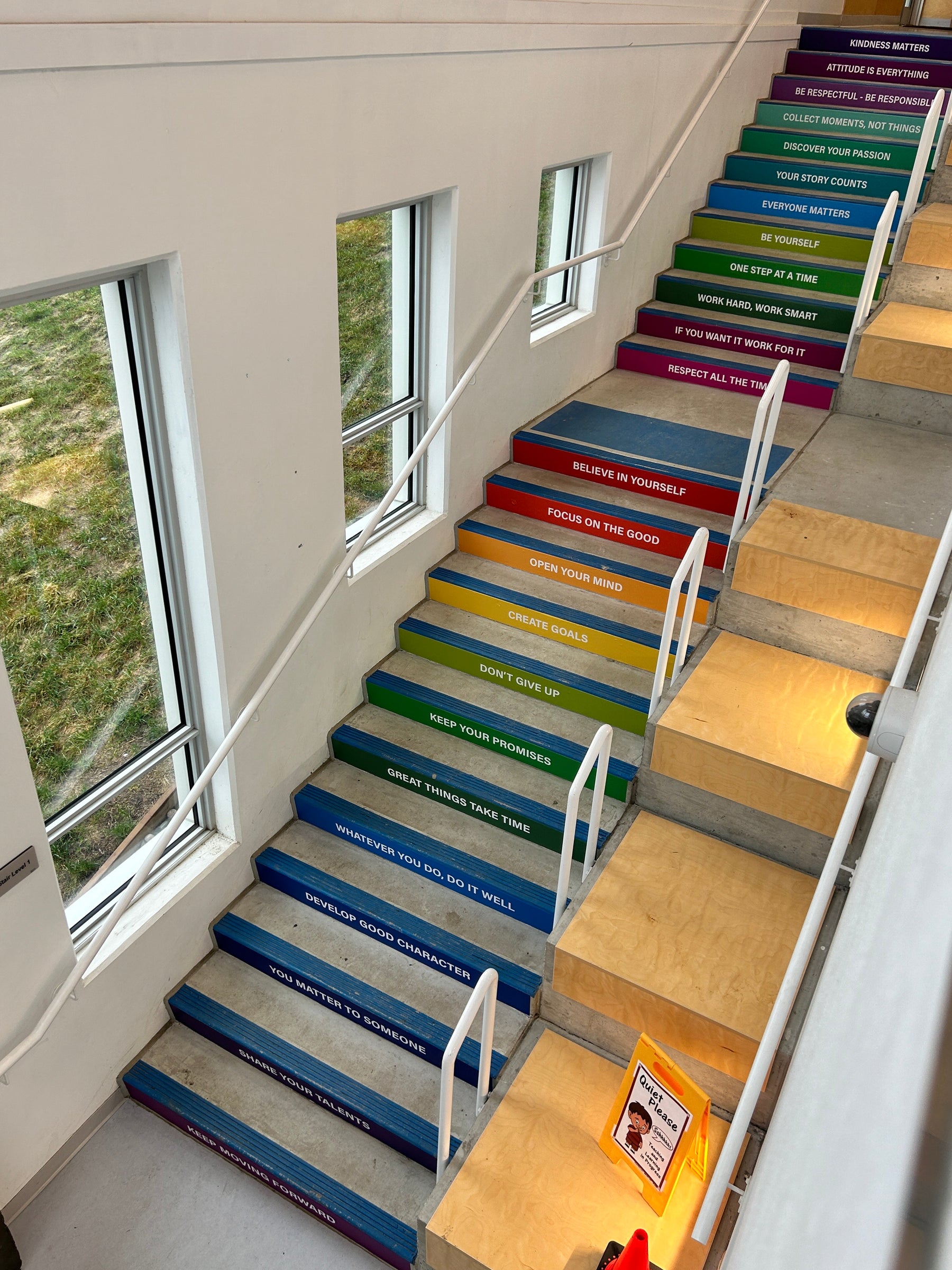 Stair Risers Motivational Sayings in Rainbow Print at Parkcrest School
