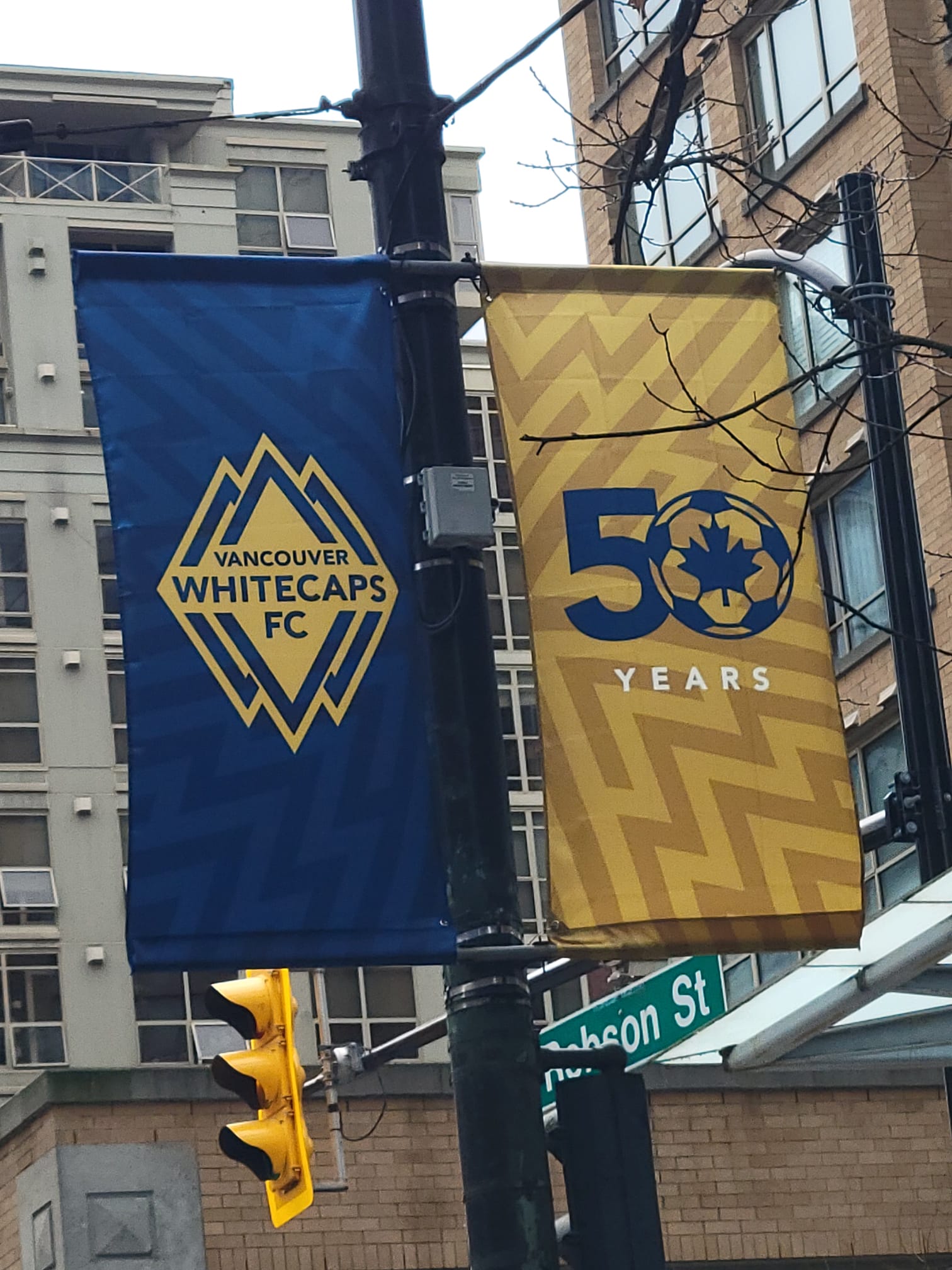 Whitecaps 50th Anniversery street pole banners close up